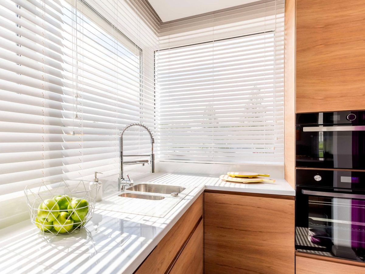 Kitchen With White Blinds — Window Coverings in Bundaberg, QLD